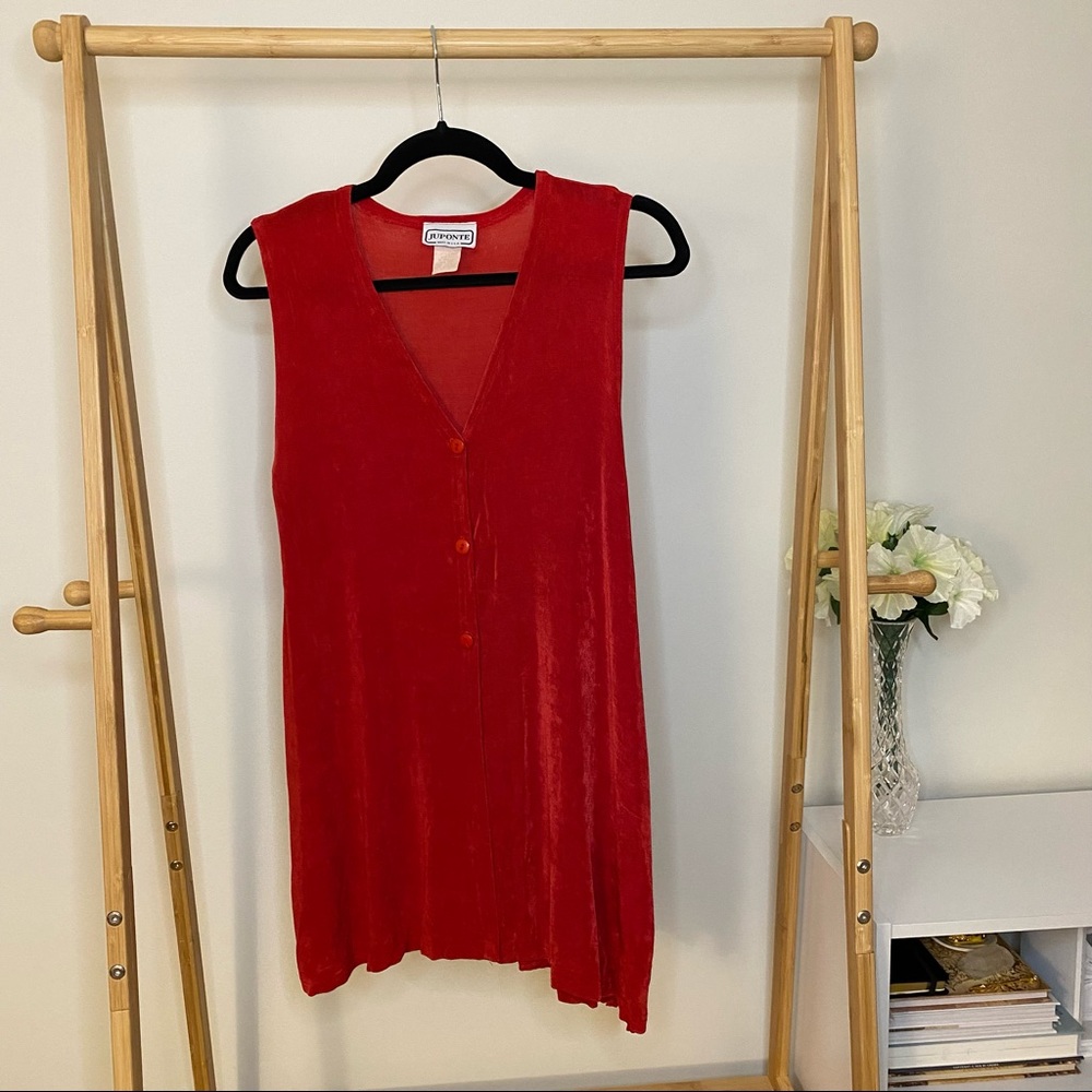 Vintage 70s Long Bright Red Button Vest Cover Top, Soft Stretch, Medium